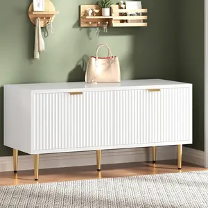 Shoe Storage Bench for Entryway Modern Fluted Shoe Cabinet with Storage Compact Wooden Mudroom Bench for Hallway Foyer Front Door White