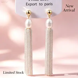 Pearl Drop Earrings Women Fashion Stud Earrings Baroque Long Chain Tassel Dangle Ear Jewelry Vintage Elegant Premium Sweet Accessory for Daily Date Wedding Cocktail Party Outfit Styling