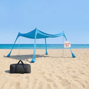 Beach Tent Sun Shelter, UPF50+ Sun Protection, 6.6 ft Tall, 10x10 ft, Easy Pop Up Beach Canopy with 4 Sandbags, Stability Poles, Sand Shovels, Portable Shade for Family Outings, Camping, Fishing