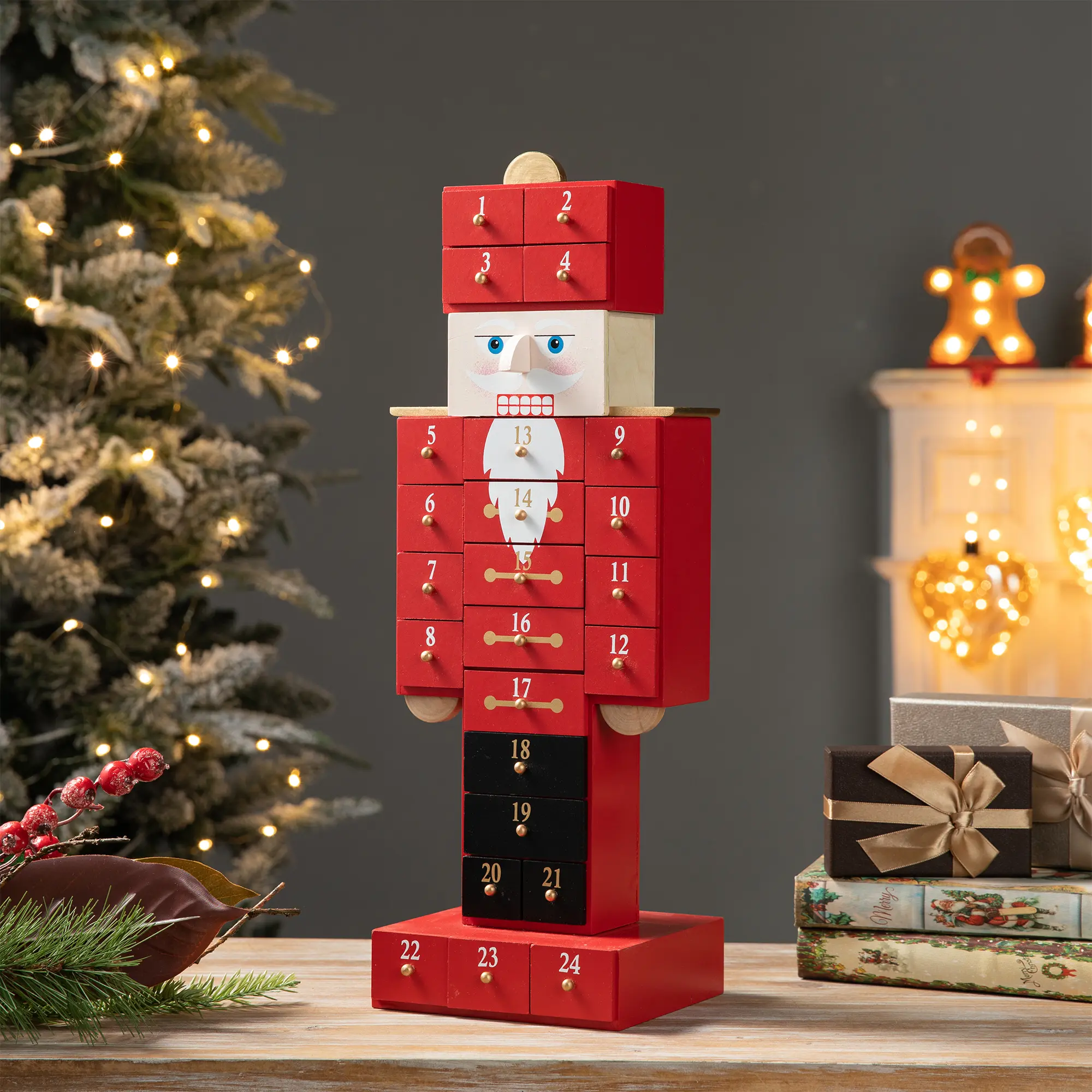 Glitzhome 17.25in Handmade Wood Nutcracker Christmas Advent Calendar Decor, Unique Shape, Countdown Drawers, Home Festive Decoration Supplies, 17.25 In