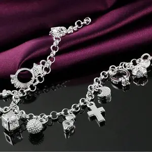 Silver Plated Moon Heart Lock Cross Bracelet – Unisex Charm Wedding & Party Fashion Jewelry
