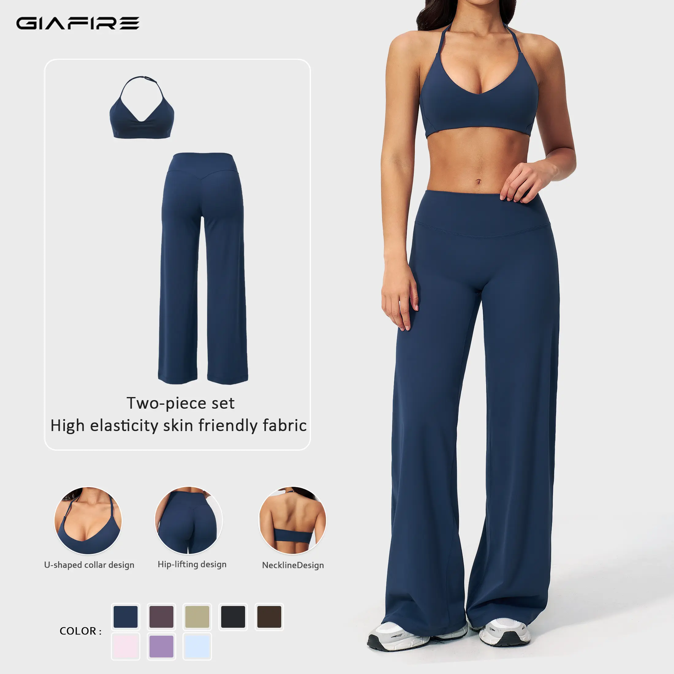 GIAFIRE Women's Minimalist 2-Piece Yoga Active Set V-neck halter backless sports bra paired with high-waisted butt-lifting wide-leg flare pants. High-stretch, skin-friendly and breathable activewear, ideal for Pilates, gym workouts and daily commuting.