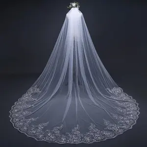 Marry Bridal US Flowery Wedding Veil Lace Trim Bridal Veil Embroidered Lace Veil Cathedral/Chapel Length Transparent Sequin Veil,custom veil