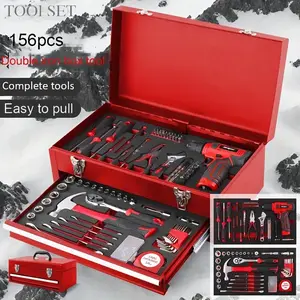 Portable 2 Drawer Steel Tool Box with 156 Pieces Mechanics Tool Set with Electric Drill,Magnetic Locking, Red Hand Carry Tool Cases for Hand Tools Repair Tool Kit