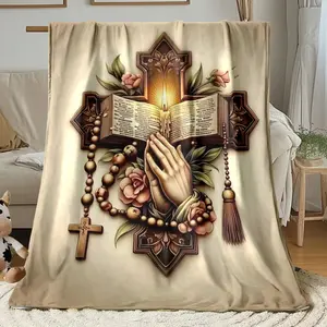 Cross and Rosary Catholic Religious Blanket - Extra Large Flannel Throw with Prayer Beads & Rosary Design - Soft Bedspread for Bed, Couch, Travel - Spiritual Christian Gift for Women, Men, Priests - Lightweight, skin-friendly, soft and durable