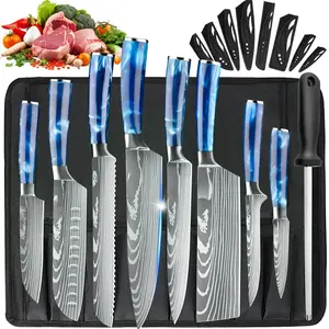 9PCS Kitchen Knife Set with Rolling Bag Blue Resin Handle Professional Chef, Santoku, Cleaver, Paring Knife for Meat Fruit Vegetable Multi-purpose Knife Ultra Sharp Stainless Steel for Home Cooking Outdoor Camping with Sharpening Rod