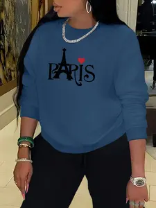 Eiffel Tower in Paris Pattern Print Women's Casual Loose Fit Sweatshirt, Round Neck Long Sleeve Pullover, Comfortable Daily Wear for Sports & Outdoor Activities