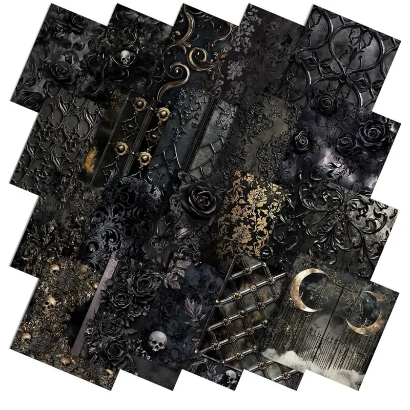 Ganeen 60 Pcs 10 x 10 Inch Black Gothic Halloween Quilting Fabric Squares | Dark Baroque Fat Fabric Bundles, Whimsical
