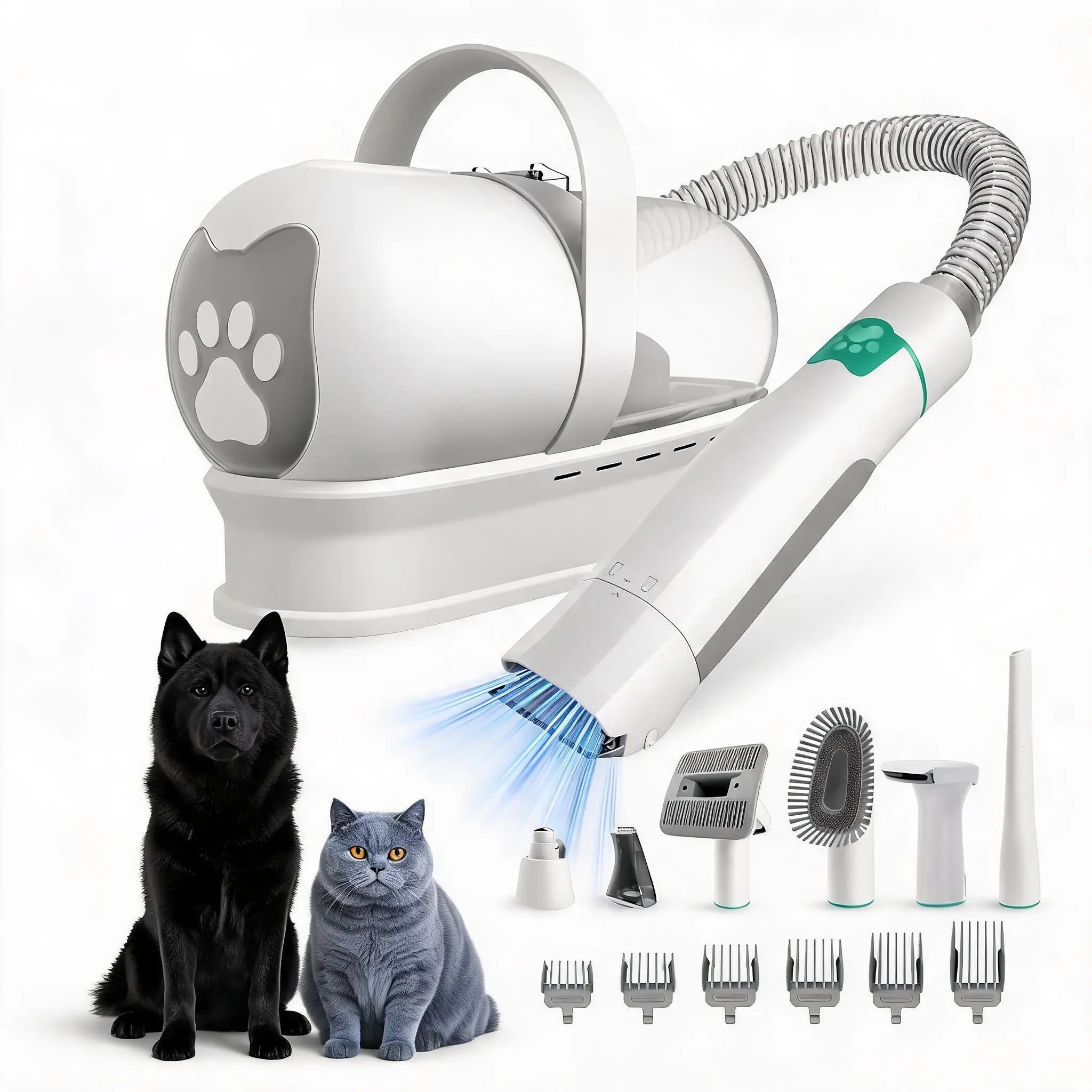 7-in-1 Low Noise Electric Pet Hair Shaver and Collection Vacuum System, Comprehensive Cats & Dogs Grooming Station with Multi-size Combs, Claw Grinder & Fabric Brush
