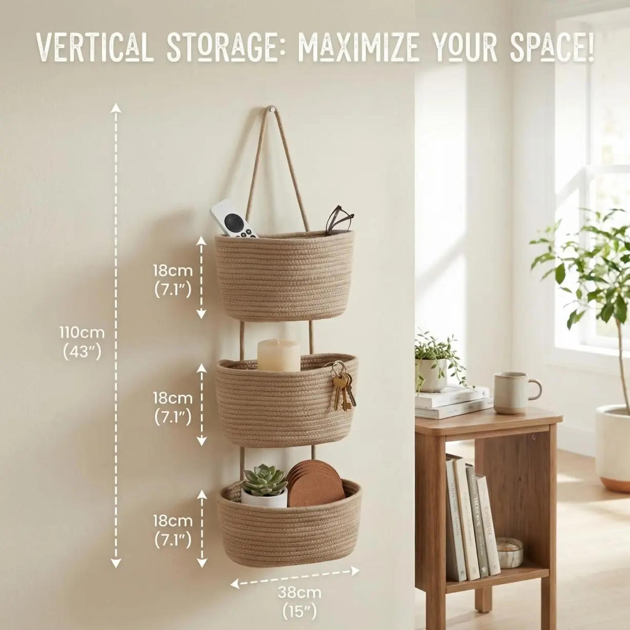 3-Layer Woven Cotton Rope Hanging Storage Basket - Home Supplies, Door-Mounted Wall Decor Organizer with Bunch Vase Functionality
