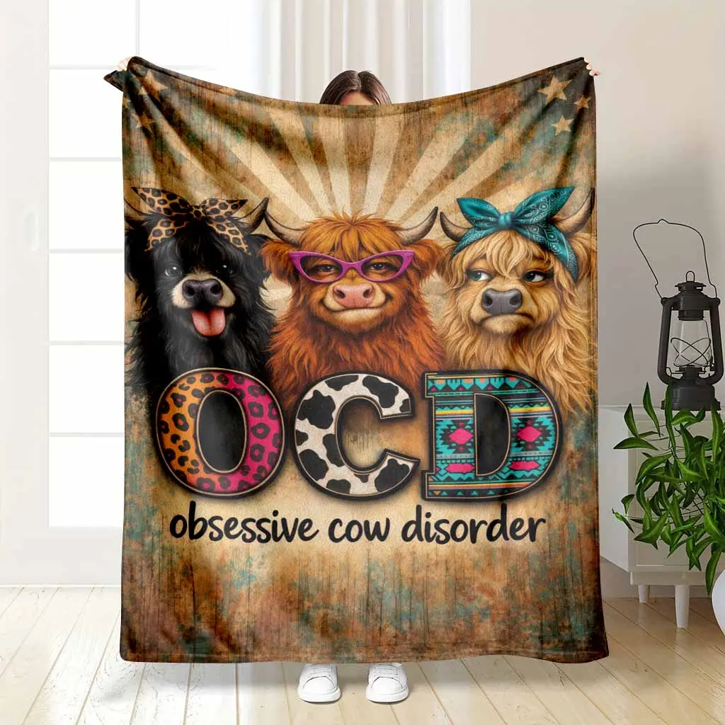 Highland Cow Flannel Throw Blanket, Funny Obsessive Cow Disorder Western Farmhouse Print, Soft Warm Cozy Lightweight, for Sofa, Bedroom (Bedroom Accessories), Office Gift Decor