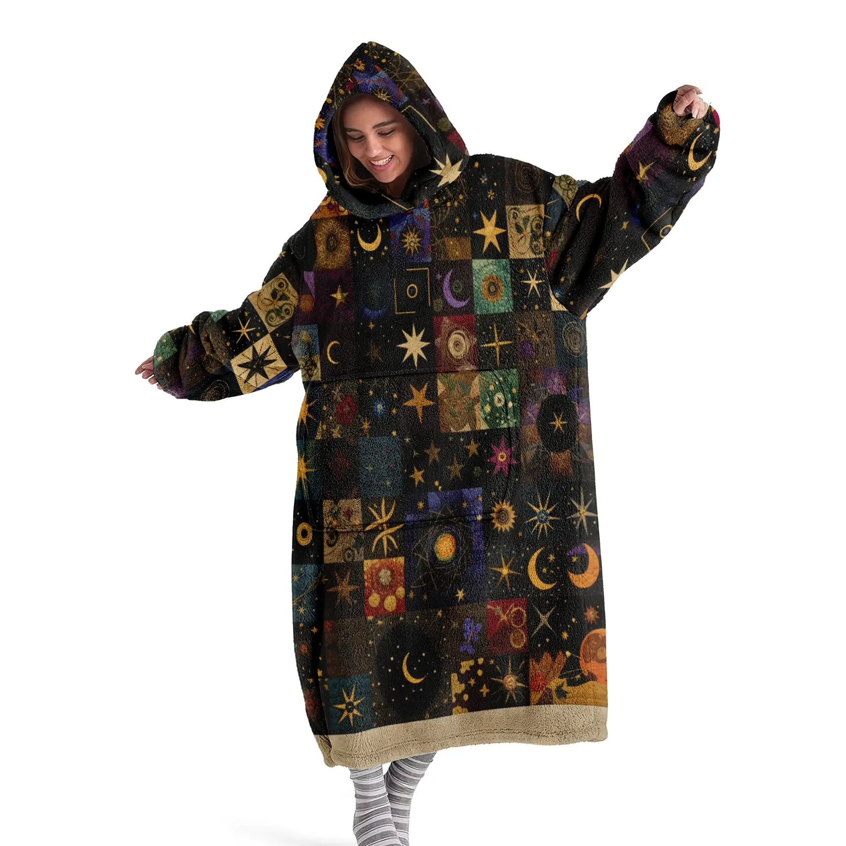 hoodie blanket，Wearable Blanket，Boho Patchwork Hooded Blanket, Wearable Throw, Vintage Print, Adult Hoodie Blanket, Warm and Comfortable, Large Pocket, Perfect Gift，Christmas Gift,Valentine's Day gift, Sister Blanket Gift, Soft Comfy Blanket