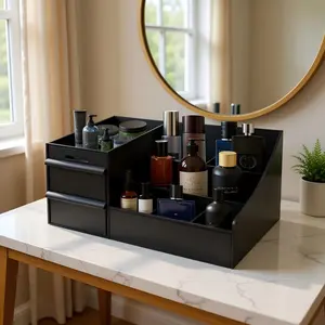 Premium Black Desktop Organizer with 7 Compartments & 2 Extra-Deep Drawers for Perfumes Shaving Tools Skincare Waterproof Easy to Clean Ideal Gift for Him