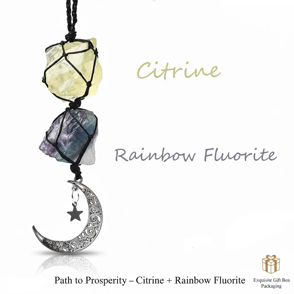 Car Rearview Mirror Hanging Decor, Crystal Car Charm (Citrine & Rainbow Fluorite), Boho Witchy Car Accessory, Aesthetic Gift for Drivers