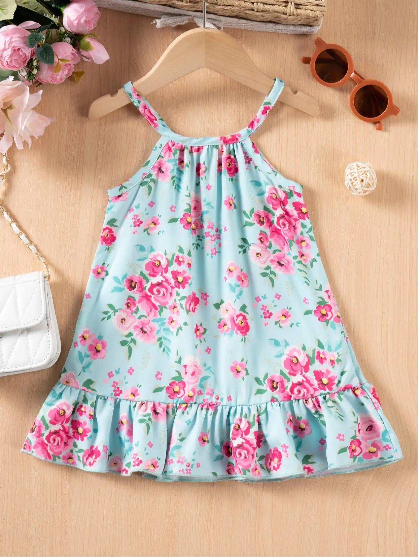 Baby Girl's Floral Print Ruffle Trim Dress, Cute Casual Sleeveless A Line Dress for Summer, Infant Toddler Kids Clothes for Daily Wear
