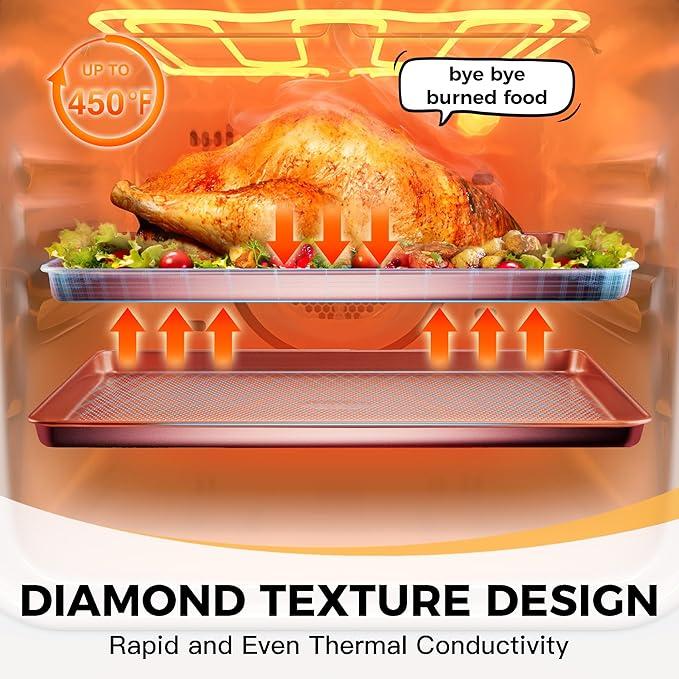 [BF&CM]HONGBAKE Diamond-Texture Baking Sheet Pan Set, Non-Stick Cookie Sheets, Teflon-Free Heavy Duty Bakeware - 3 Sizes, Baker, Pink Kitchenware Cooking