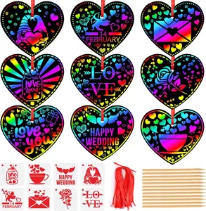 Valentines Crafts for Kids - 48 PCS Heart Rainbow Scratch Art Valentines Day Cards with 8 Pcs Stencils for Valentine's Day Gifts and Party Favors