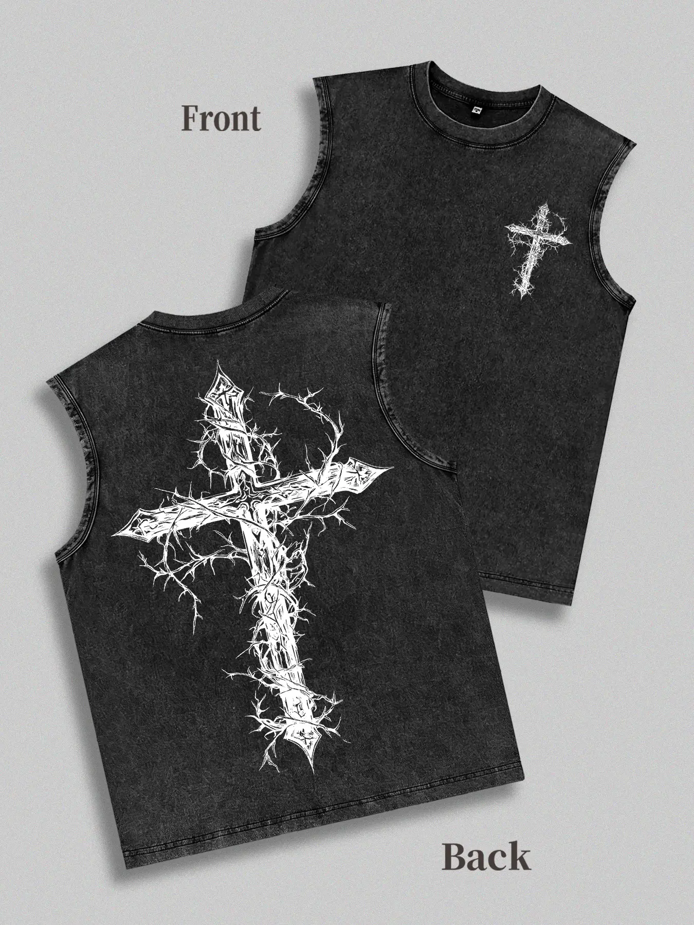 Men's Vintage Washed Thorn Cross Print Sleeveless T-Shirt - Gothic Streetwear Tank Top, gothic tank top, thorn cross print tee, washed black sleeveless shirt, edgy streetwear tank, vintage cotton graphic tee, dark aesthetic shirt Casual Menswear