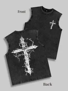 Men's Vintage Washed Thorn Cross Print Sleeveless T-Shirt - Gothic Streetwear Tank Top, gothic tank top, thorn cross print tee, washed black sleeveless shirt, edgy streetwear tank, vintage cotton graphic tee, dark aesthetic shirt
