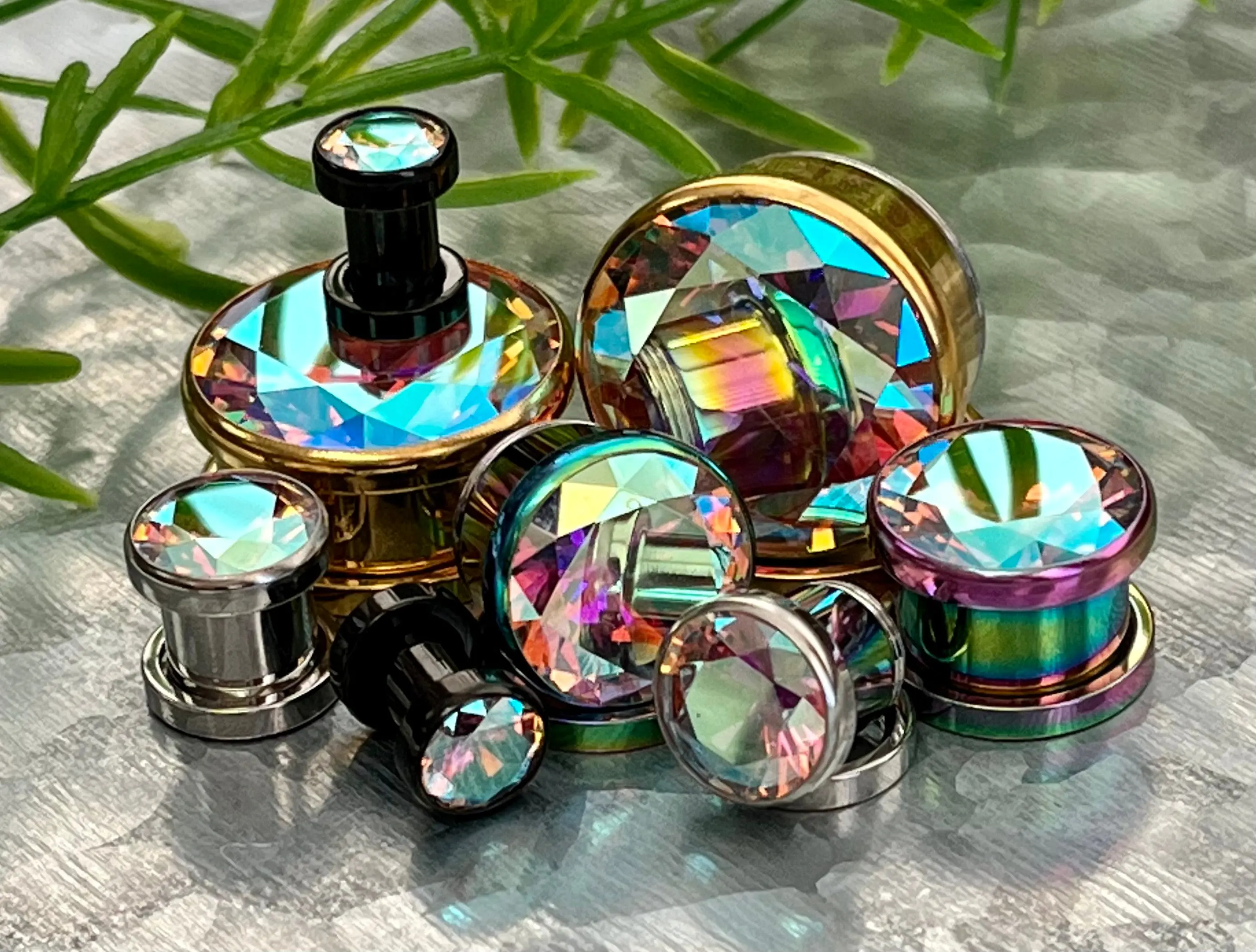 PAIR of Aurora Borealis CZ Gem Steel Screw Fit Tunnels/Plugs!