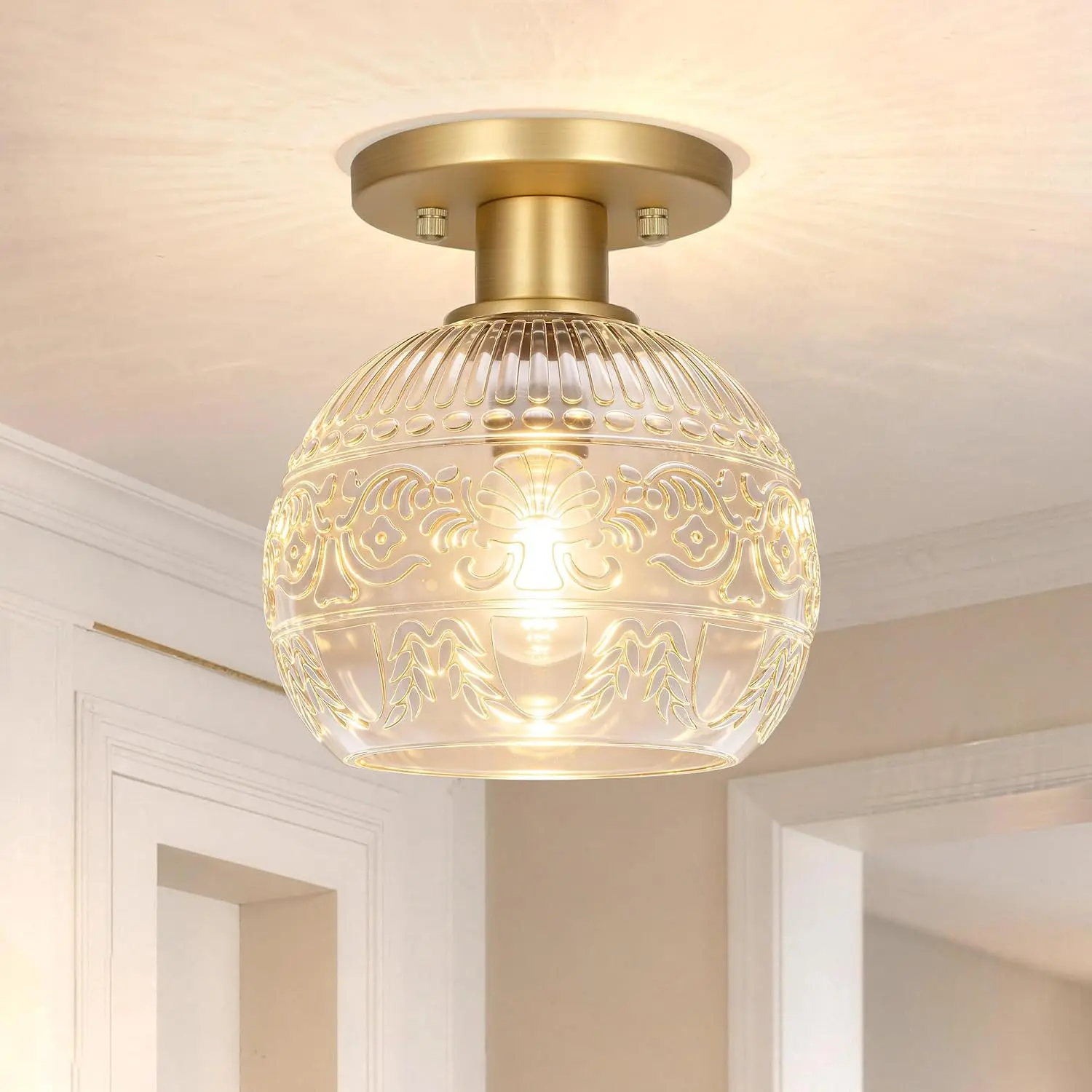 Semi Flush Mount Ceiling Light Fixture, Farmhouse Bathroom Light with 7.09in Glass Shade, Vintage Hallway Lights Fixture, Small Close to Ceiling Lighting for Porch Corridor Kitchen Entryway