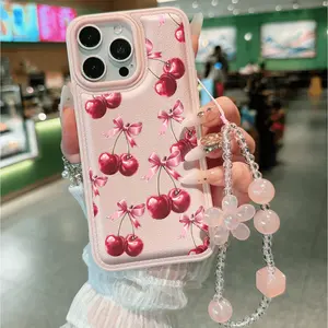 Butterfly Cherry Pattern Flower Beaded Lanyard Tpu Phone Case, Valentine's Day Gift for Boyfriend Girlfriend, Compatible with iPhone 11-17 Pro Max