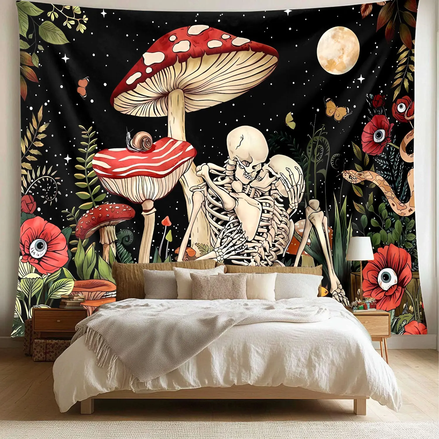 1pc Skeleton Mushroom Tapestry Wall Hanging - Spooky Trippy Forest Psychedelic Gothic Art, Nature Moon Starry Night Skeleton Aesthetic Hippie Boho Halloween Decoration for Living Room Dorm