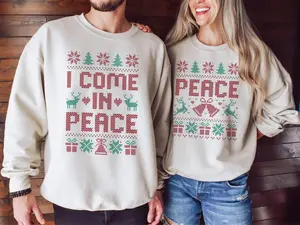Matching Couples Ugly Christmas Sweater, Matching 'I Come In Peace' Xmas Sweatshirts, Holiday Party Humor, Funny Christmas Party Outfit