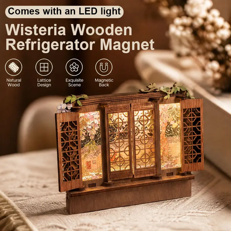 Wisteria Wooden Window LED Refrigerator Magnet|Vintage Oriental Lattice Wooden Fridge Magnet with Warm Light|Magnetic Back Mini Light Up Wood Ornament|Retro Floral Home Kitchen Fridge Decor|Unique Aesthetic Desk Night Light