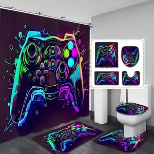 Creative Cyberpunk Style Game Controller Print Shower Curtain Set, Waterproof with 12 Hooks, Bathroom Rug, U-Shaped Mat, Toilet Lid Pad, Room Decor