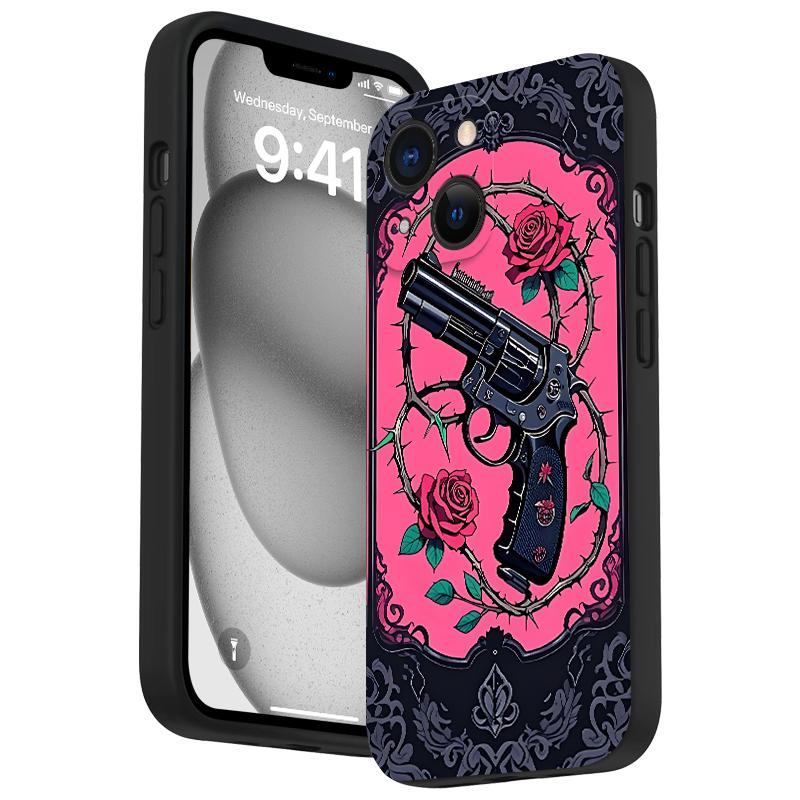 Straight Edge Gun And Rose Pattern Man's Phone Case for iPhone 15 16 14 Pro Max 13 12 11 XR XS Plus Shockproof Non Slip Military-Grade Protection Silicone Cover Cellphone Protective Smartphone Casing