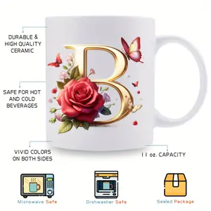 [Elegant Coffee Mug] Elegant 1pc 11oz Ceramic Coffee Mug with Golden Letter S, Red Roses & Green Leaves Floral Design, Butterflies Accent |   Wide Mouth, Portable for Home, Office, Travel - Ideal Gift for Birthdays, Anniversaries, Housewarming