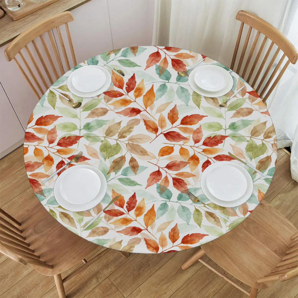 Waterproof Coating Polyester Fitted Round Tablecloth - Elastic-Edge Colorful Leaf Print, Snug Fit for 40-44 in Round Tables, Heat Resistant Kitchen Dining Cover, Birthdays Decor, Integrated 1-Piece Design