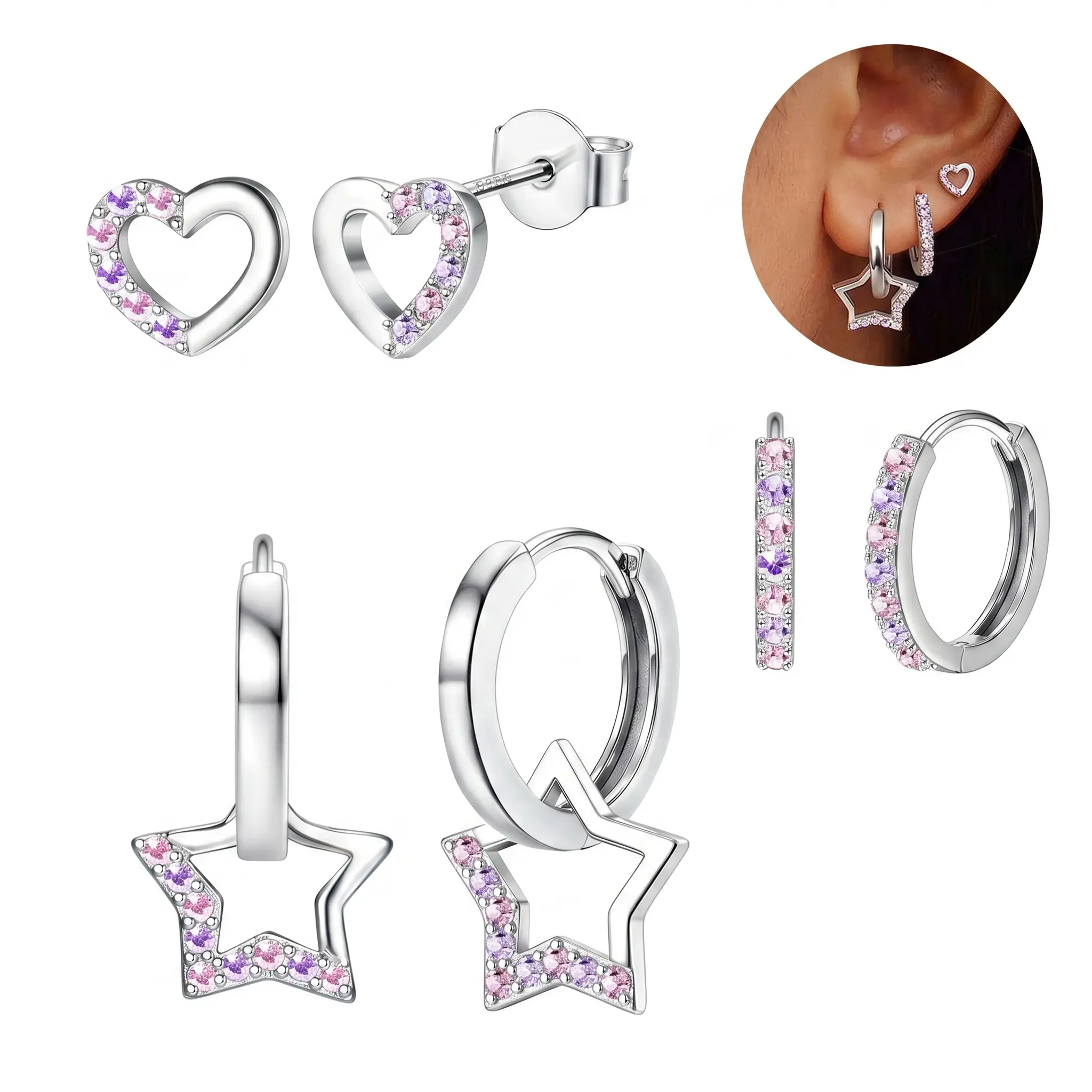 3pcs Earrings Set for Women - Cute Huggie Hoops, Heart Shaped, Crystal Star Jewelry Gift for Friends Ear Accessories