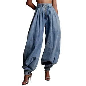 Women Baggy Harem Jeans Joggers Denim Pants Wide Leg Jeans High Rise Sweatpants Tapered Leg Trousers with Pockets Trendy Streetwear