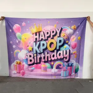 Kpop Birthday Background Banner, Crowns Balloons Clouds Gift Designs, Party Decoration, Festival Events Studio Props Family Gatherings Cake Table, Kpop Birthday Backdrop, Celebration Banner