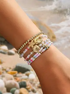 Summer Ocean Style Stackable Bracelet Set, Bead Shell Starfish Pendant, Macaron Color Beaded Elastic Bracelets