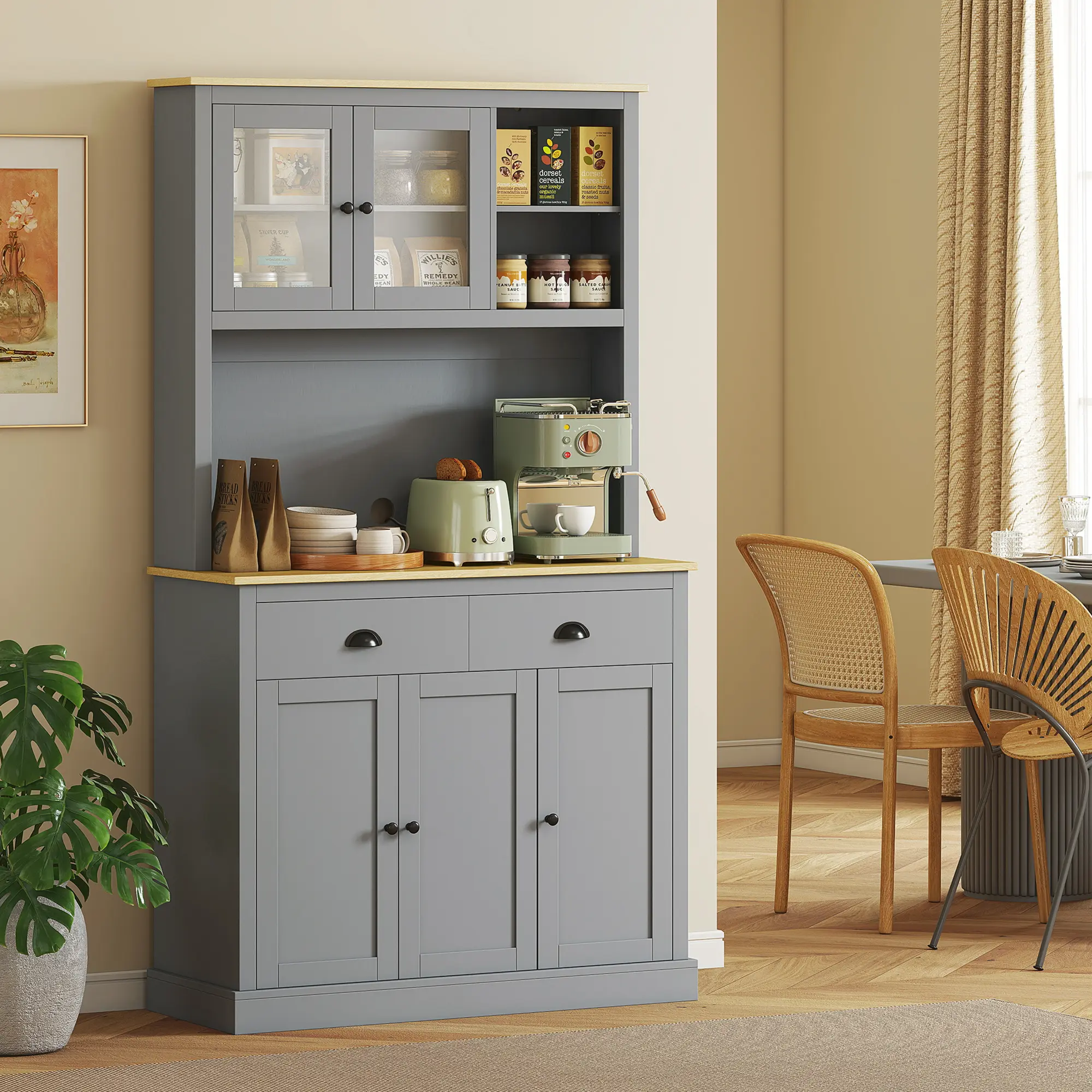 HOMCOM Kitchen Pantry Storage Cabinet with Microwave Stand, 71" Modern Kitchen Hutch with Open Countertop, Glass Doors, Storage Drawers and Adjustable Shelves for Dining Room, Coffee Bar