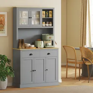 HOMCOM Kitchen Pantry Storage Cabinet with Microwave Stand, 71" Modern Kitchen Hutch with Open Countertop, Glass Doors, Storage Drawers and Adjustable Shelves for Dining Room, Coffee Bar