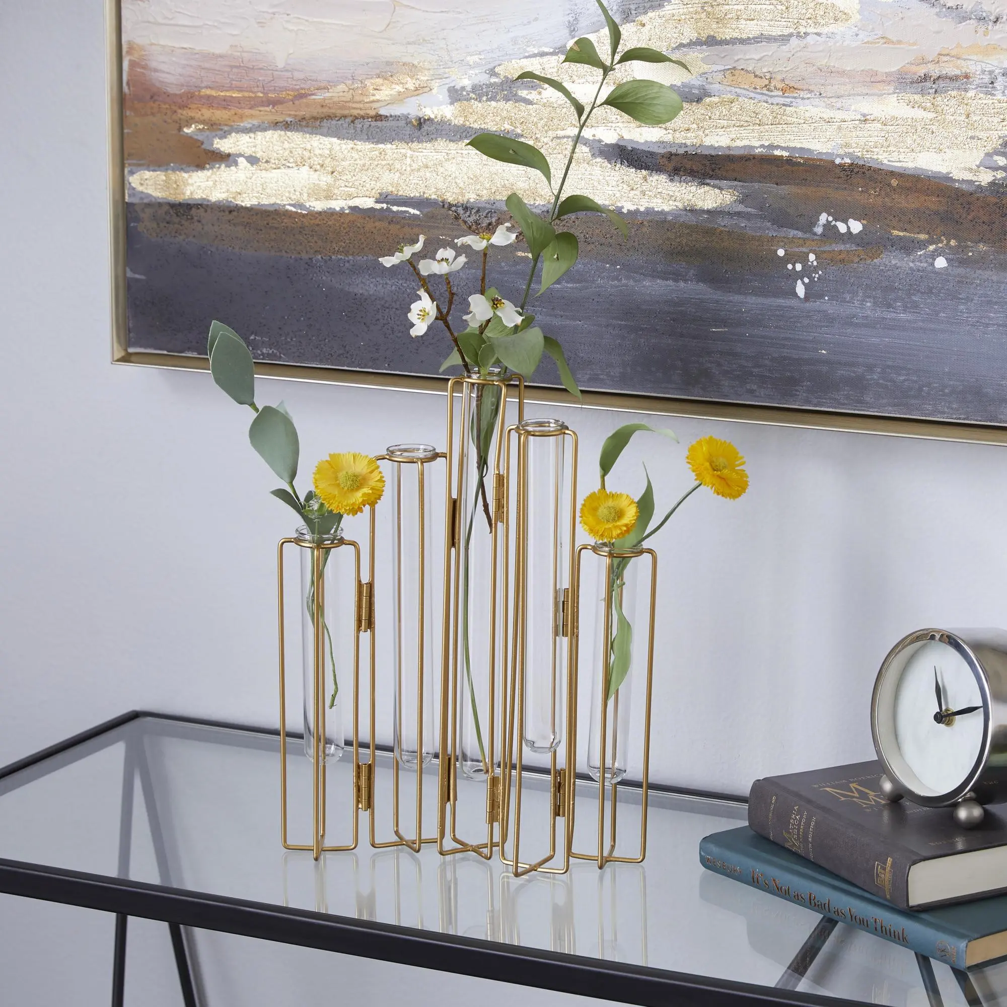 Geometric Gold Metal Foldable Decorative Vase with Clear Glass Test Tubes