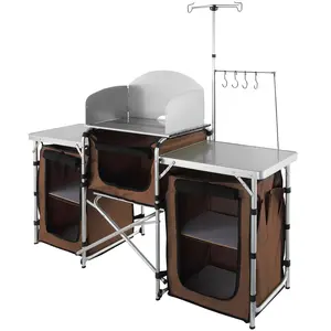 Father's Day Gift VEVOR Camping Kitchen Table, Folding Outdoor Cooking Table with Storage Carrying Bag, Aluminum Cook Station 3 Cupboard & Detachable Windscreen, Quick Set-up for Picnics, BBQ, RV Traveling, Brown