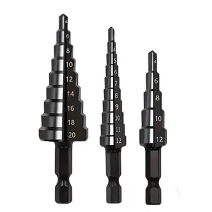 3PCS Step Drill Bit Set with Hex Shank, Multi-Size Titanium Coated Cone Drill Bits 3-12/4-12/4-20mm for Metal Sheet, Plastic & Wood, Deburring and Hole Enlarging Tool for DIY & Woodworking