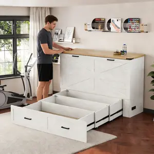 Queen Murphy Bed Cabinet with Built-in CHARGING STATION & Large Storage Drawer – Farmhouse Style Hideaway Bed for Guest Room, Living Room & Small Apartments | Fold-Down Platform Bed, Distressed White Finish – Saves Space, Organizes Clutter & Charges