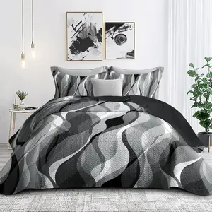 Classic Line Pattern Bedding King Size Grey Black and White Stripe with 2 Shams, Gray and White Comforter Sets Lightweight Breathable Bedspreads Coverlet, 96''x106''