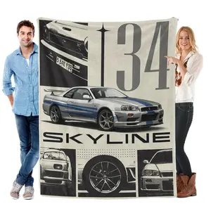 Retro Skyline R34 Flannel Throw Blanket - Soft, Cozy, Warm, Lightweight Plush Fleece - Racing-Themed, Car Print, Classic Car Blankets - Unique Christmas Gift for JDM Enthusiasts - All-Season Home Decor for Couch, Bed, Racing-Themed Blankets