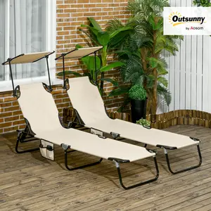 Outsunny Folding Chaise Lounge Pool Lounge Chairs Set of 2, Outdoor Sun Tanning Chairs with Canopy Shade, Reclining Back, Steel Frame and Side Pocket for Beach, Yard, Patio, Dark Blue