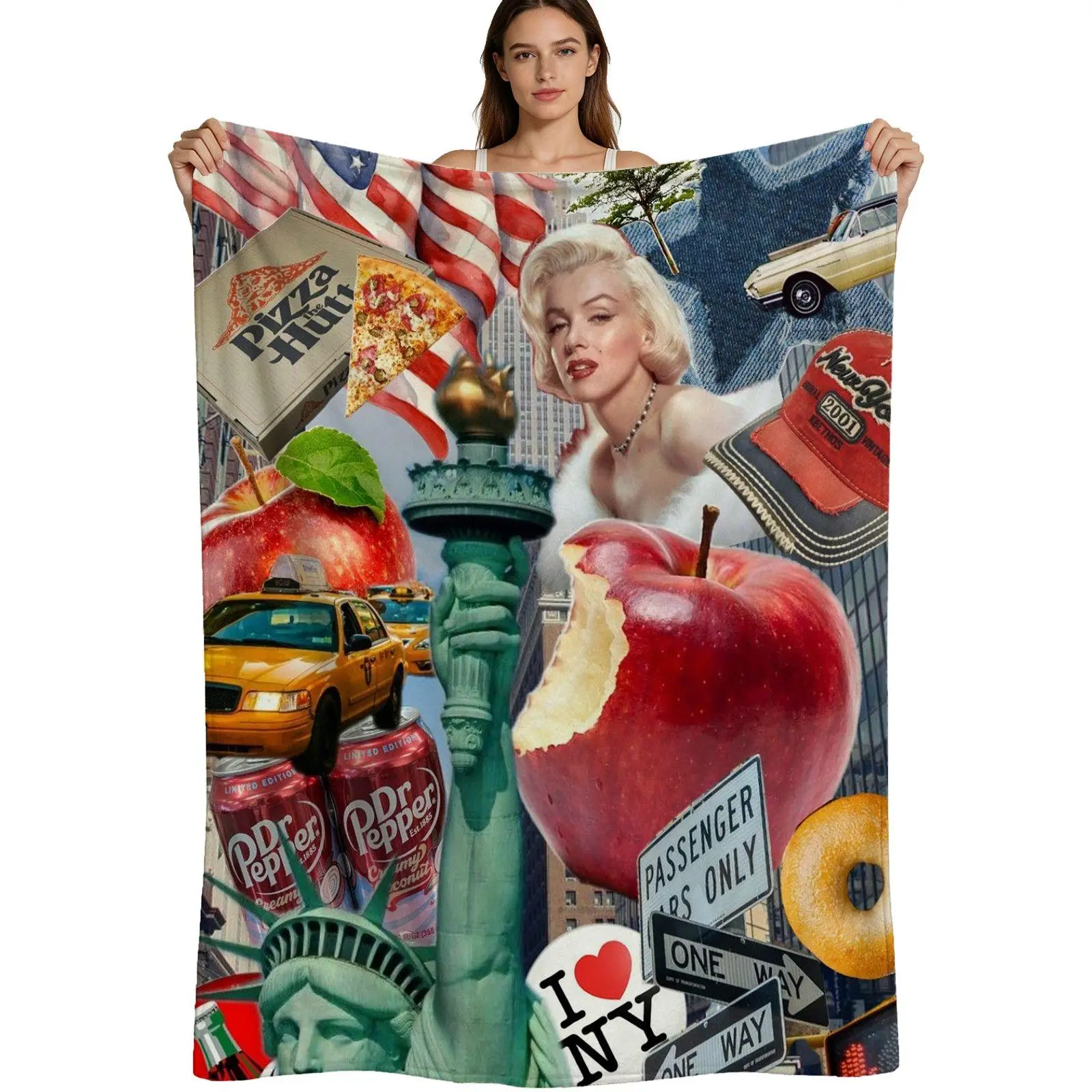 New York City Theme, Warm Flannel Blanket, Iconic NYC Collage Print, Soft Plush Fabric, Perfect For Tourists And Home Decor, 4 Sizes Available Single Pack