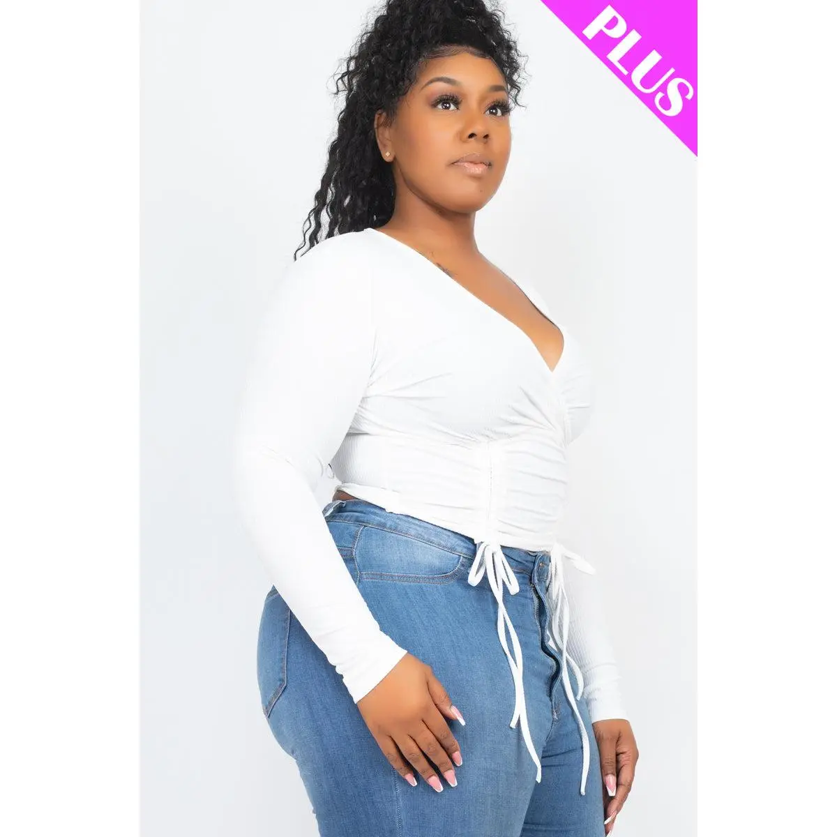 Plus Size Ribbed Drawstring Long Sleeve Crop Top