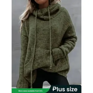 Plus Size Women’s Long Sleeve Hooded Knit Sweater, Loose Casual Pullover, Drawstring Pocket Design, Comfortable Everyday Wear for Autumn and Winter