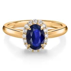 Gem Stone King 10K Yellow Gold Blue Sapphire and White Lab Grown Diamond Halo Engagement Ring For Women | 0.70 Cttw | Oval 7X5MM | Wedding Engagement Anniversary Promise Ring For Women